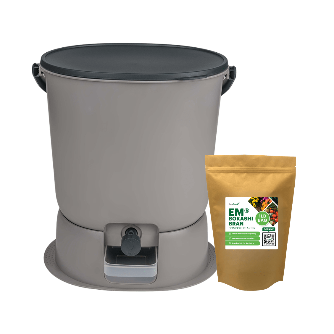 TeraGanix Bokashi Compost Bin 1 Bucket + FREE 1 lb bag of EM® Bokashi / Light Grey The Essential Bokashi Compost Bin Starter Kit, 4.4 gal