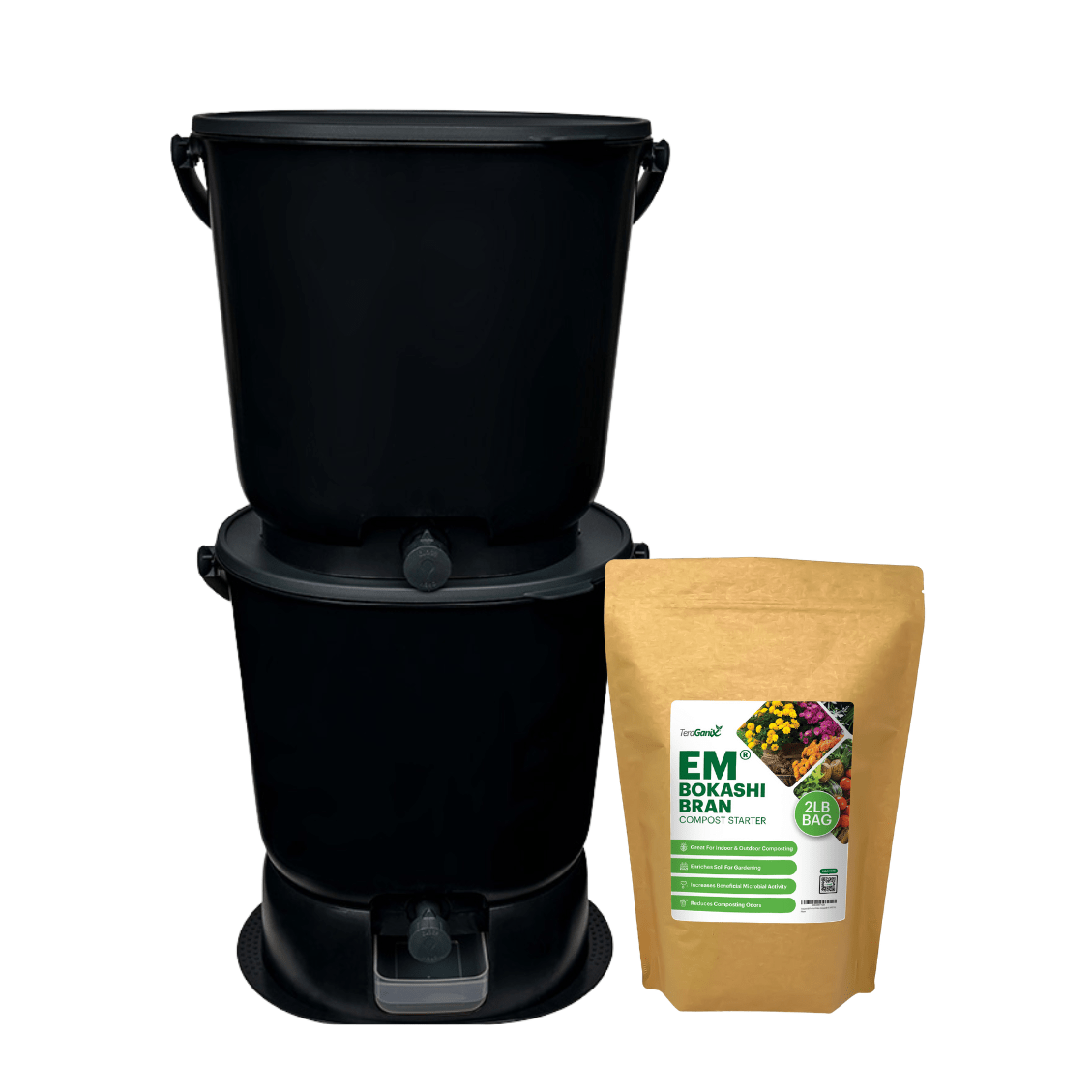 TeraGanix Bokashi Compost Bin Set of 2 Buckets  +  FREE 1 lb bag of EM® Bokashi / Black The Essential Bokashi Compost Bin Starter Kit, 4.4 gal