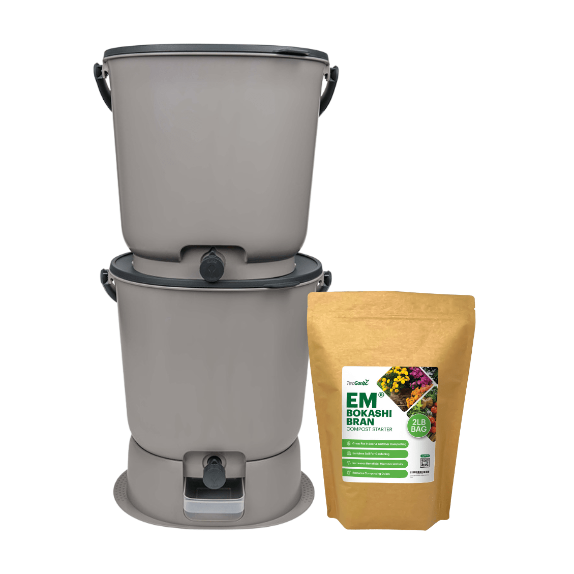 TeraGanix Bokashi Compost Bin Set of 2 Buckets  +  FREE 1 lb bag of EM® Bokashi / Light Grey The Essential Bokashi Compost Bin Starter Kit, 4.4 gal